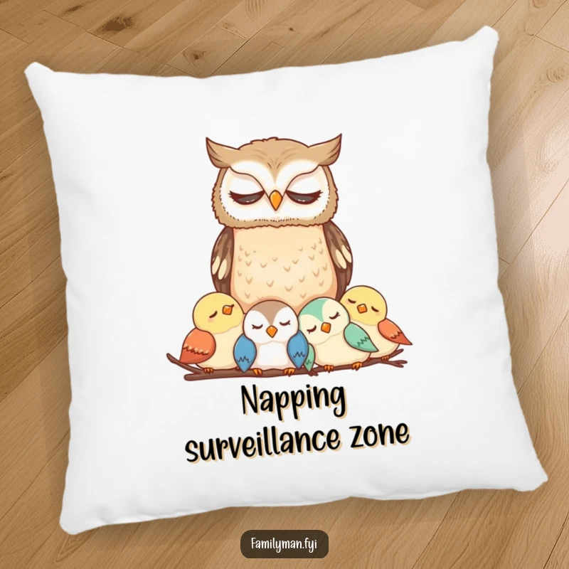 Funny Owl Pillow with a thoughtful owl watching over a sleeping bird family, creating a humorous and comforting ambiance.