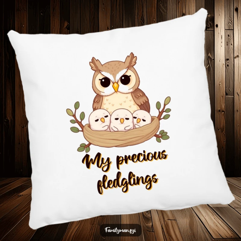 Funny pillow featuring a proud owl parent overlooking its sleeping owlets in a soft, inviting nest, perfect for adding humor to any couch.