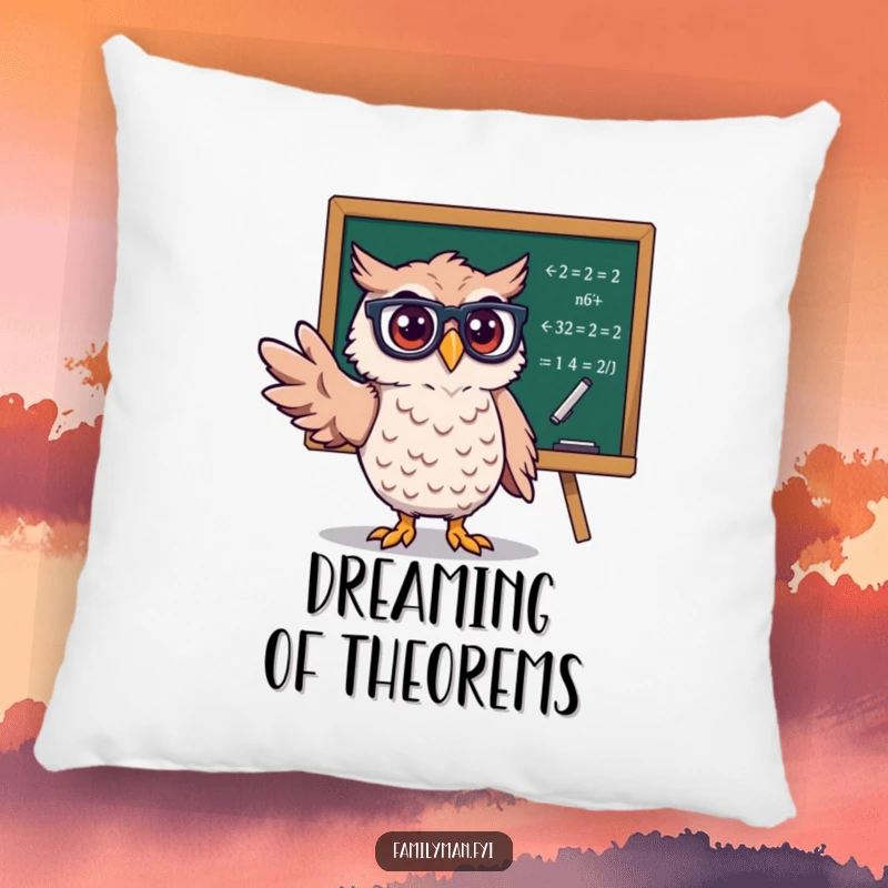 Funny Owl Professor Pillow featuring a wise owl with spectacles pointing to a blackboard full of equations, a cozy accent.