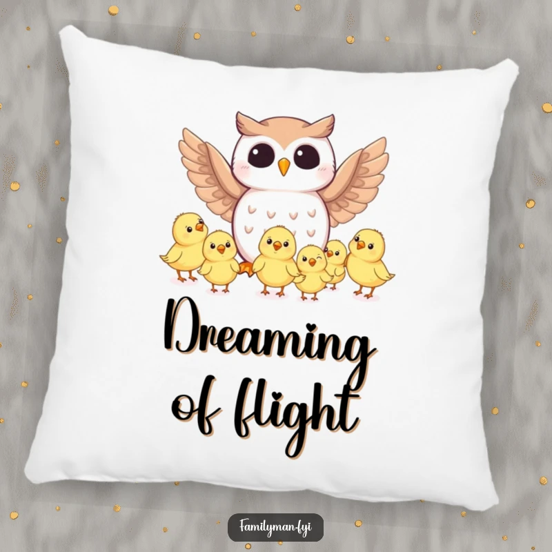 Funny owl character gently guiding baby birds on a plush pillow, offering comfort and humorous decor.