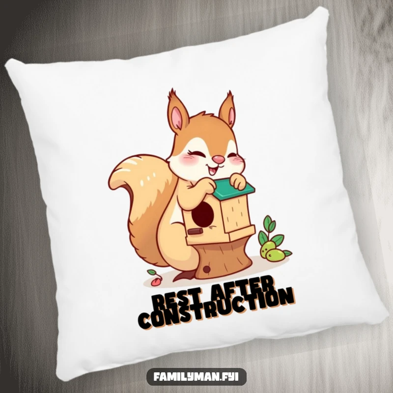 Funny playful squirrel pillow, illustrating a squirrel building a birdhouse, offering comfort and a touch of humorous craftsmanship.