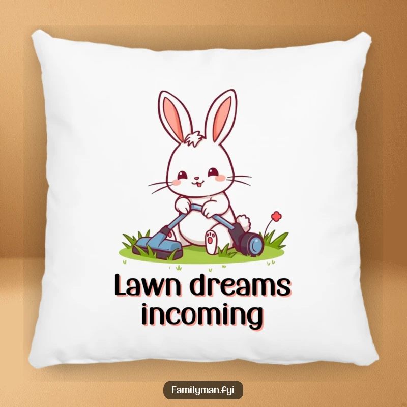 Funny pillow featuring a cheerful rabbit mowing a small, tidy lawn, offering cozy comfort and garden charm.
