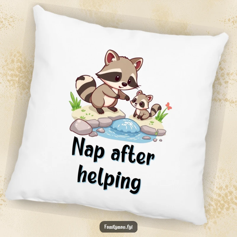 Funny Raccoon Pal Pillow featuring a helpful raccoon assisting a small animal across a stream, ideal for cozy humor.