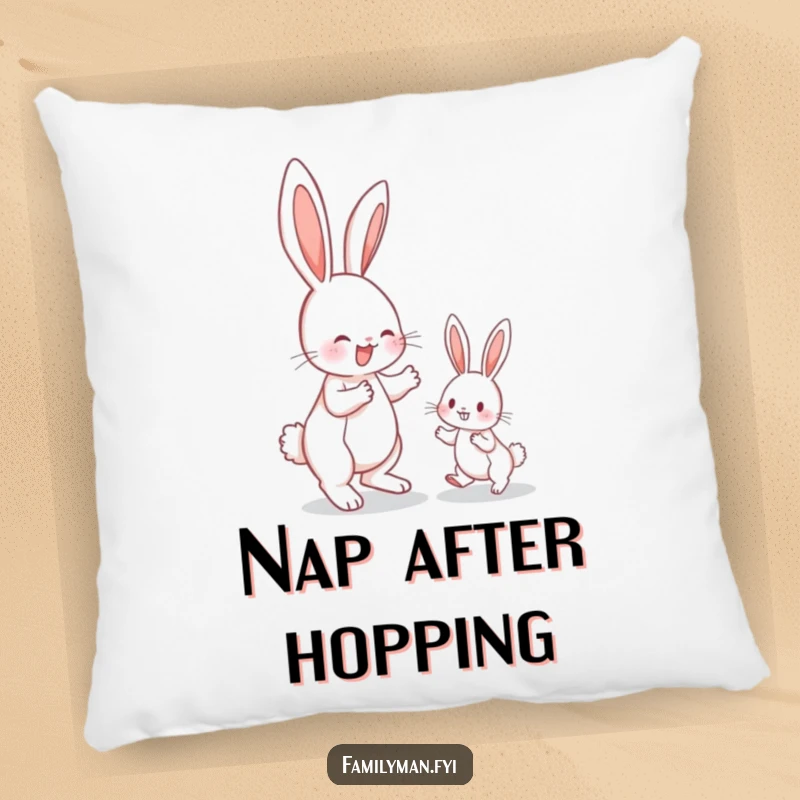 Funny bunny pillow, a patient bunny teaching a smaller one to hop, symbolizing comfort and gentle instruction.