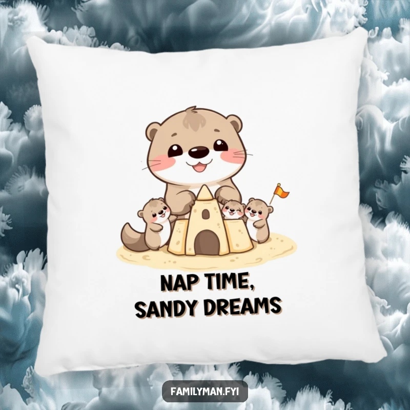 Funny Otter Pillow: A cheerful otter family happily constructing a sandcastle, providing soft, humorous, and cozy decor for any room.