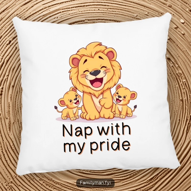 Funny Dad Lion Pillow: Soft pillow featuring a happy lion dad playing fetch with cubs, a funny home accessory.