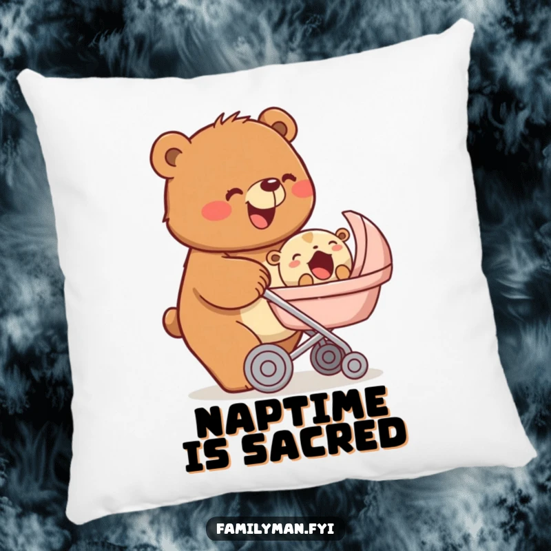Funny pillow featuring a beaming bear pushing a stroller with a yawning baby animal, symbolizing gentle care and comfort, a cute funny gift.