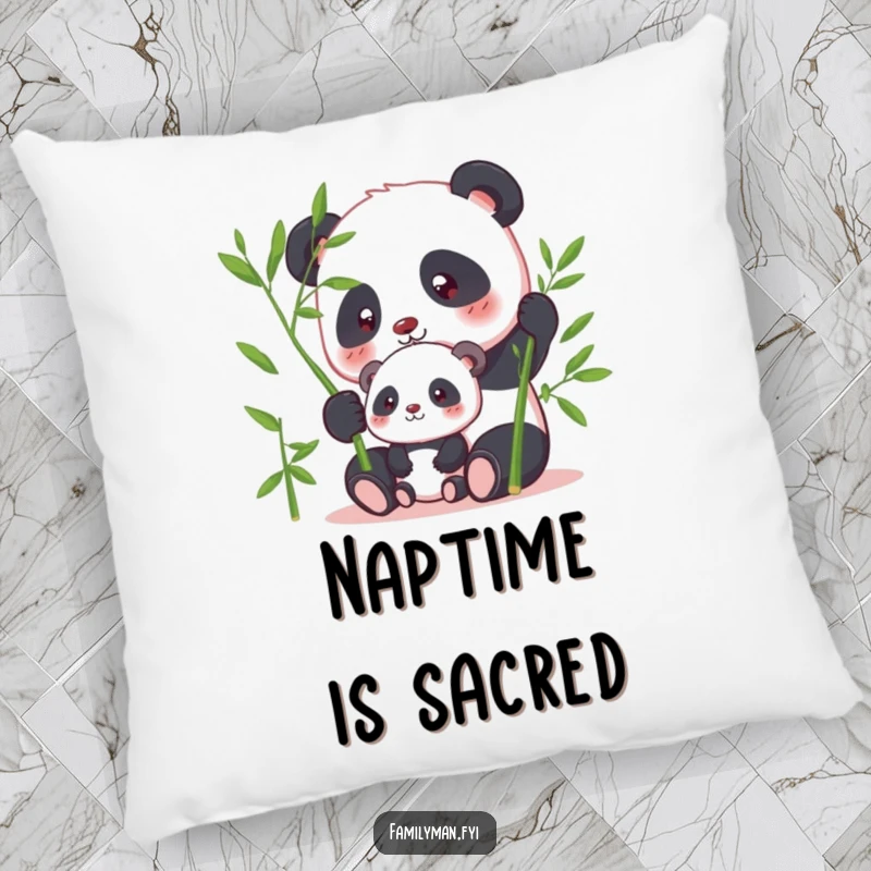 Funny panda pillow showing a parent panda sharing bamboo with its offspring, offering comfort and humorous calm.