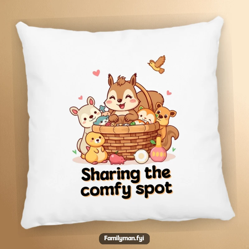 Funny squirrel pillow, a cheerful squirrel sharing a picnic basket with animal friends. Cozy and cute.