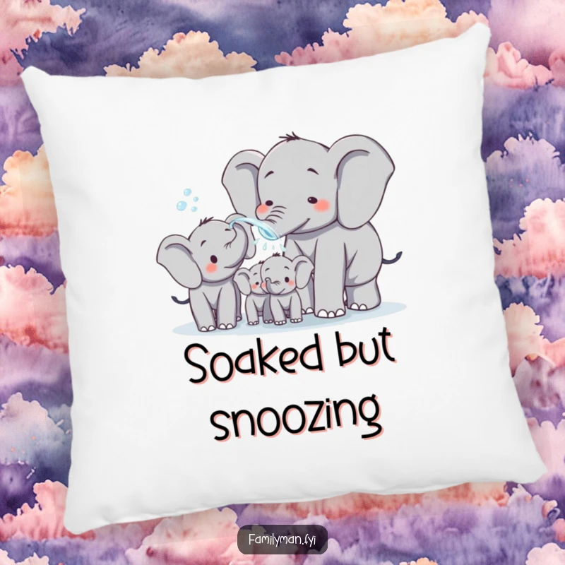 Funny dad elephant spraying water on his family, embroidered on a soft, plush pillow. Adds a touch of humor and comfort to any seating area.