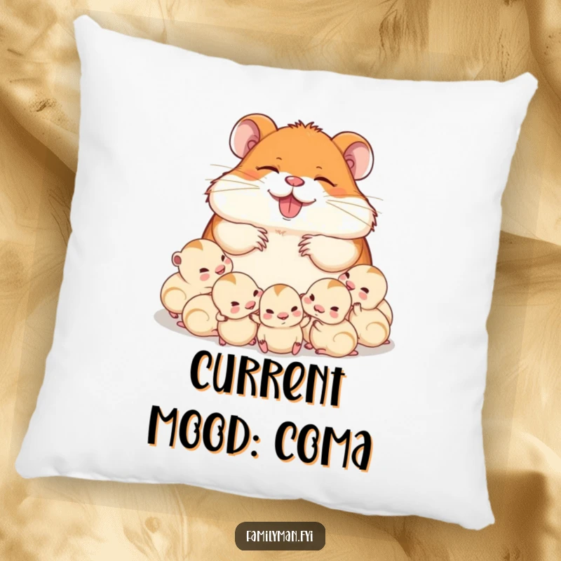 Funny delighted dad hamster napping with his babies, on a soft, plush pillow. Adds a touch of cozy humor and warmth to any living space.