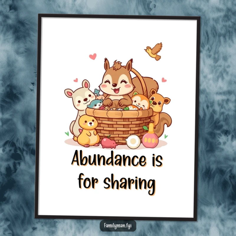 Funny squirrel digital art print, cheerful squirrel sharing a picnic basket with animal friends. Instant decor.