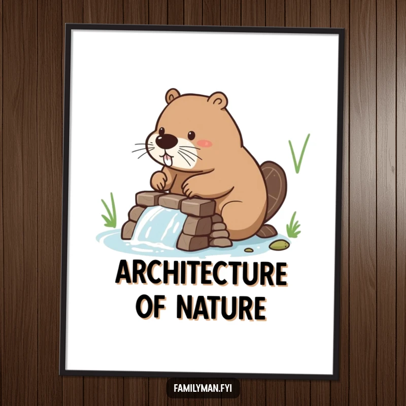 Funny Beaver Digital Art Print showing a beaver building a dam, ideal for humorous and motivational decor.