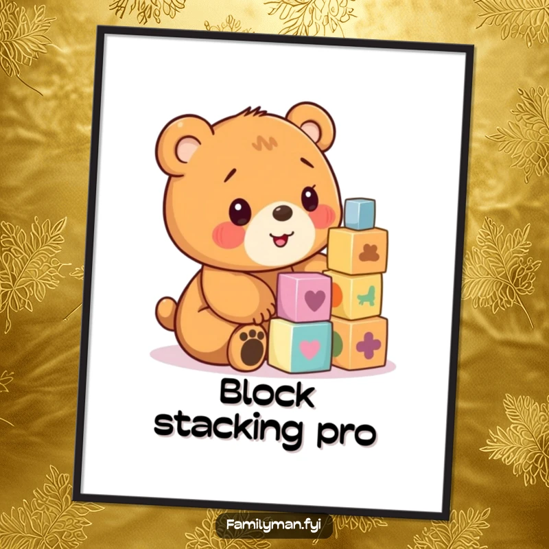 Funny digital art of a bear cub concentrating on stacking colorful wooden blocks.