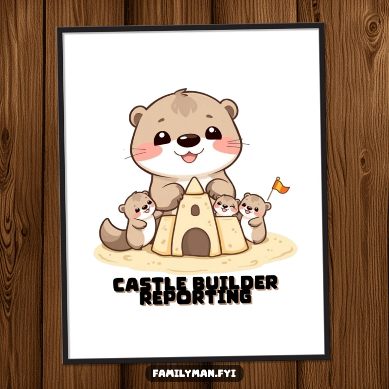 Funny Otter Digital Art Print: Cheerful otter family engaged in building a sandcastle, radiating warmth and humor for an instant wall decor solution.