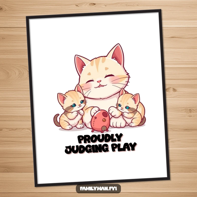 Funny proud dad cat watching kittens bat at a toy mouse, a digital art print. Captures paternal pride and playful kitten moments with charming humor.