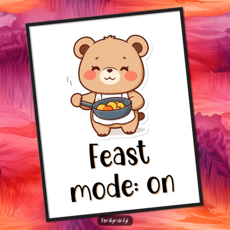 Funny cute bear character in apron, holding a frying pan with food, as a digital art print.