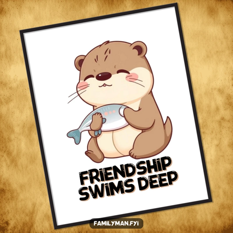 Funny Otter Digital Art Print showing playful otters sharing a fish, ideal for humorous and heartwarming friendship decor.