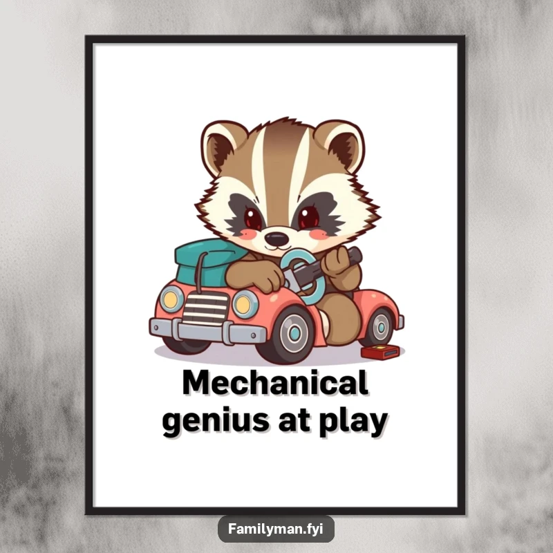 Funny badger digital art print, determined badger fixing a toy car with a small wrench. Instant decor.