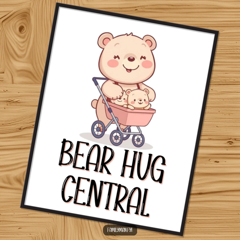Funny digital art print of a happy bear character pushing a stroller filled with tiny, smiling bear cubs.