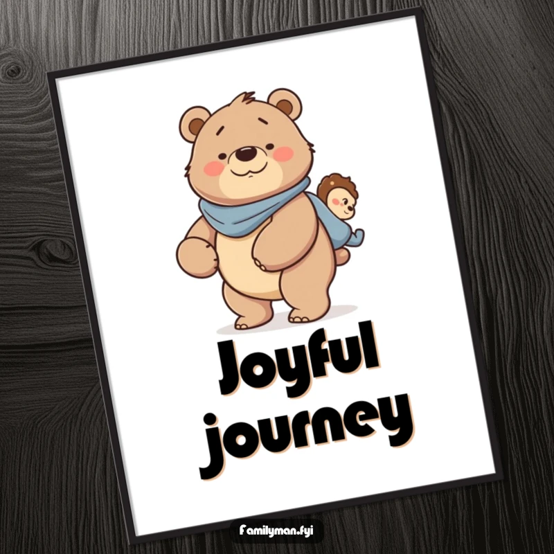 Funny Dad Bear Digital Art Print: A strong father bear character smiling while giving a piggyback ride, capturing paternal strength and joy.