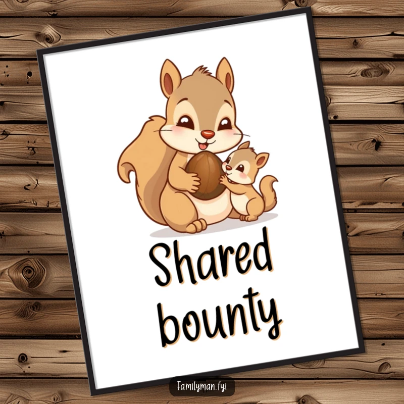 Funny Dad Squirrel Digital Art Print: A doting father squirrel character sharing a nut with its young, capturing paternal generosity.