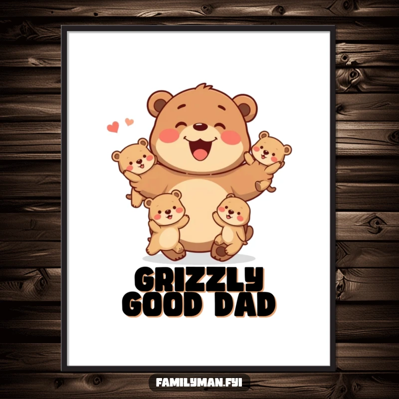 Funny Digital Art Print of a happy father bear character juggling baby bears playfully, full of charm.