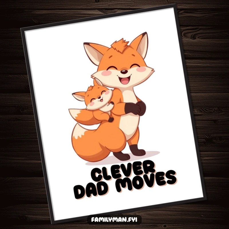 Funny Digital Art Print of a cheerful father fox character carrying a baby fox on its back, full of charm.