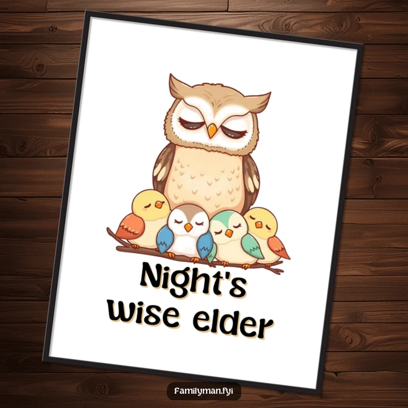 Funny Owl Digital Art Print showing a wise owl protecting a sleeping bird family, ideal for humorous and heartwarming decor.