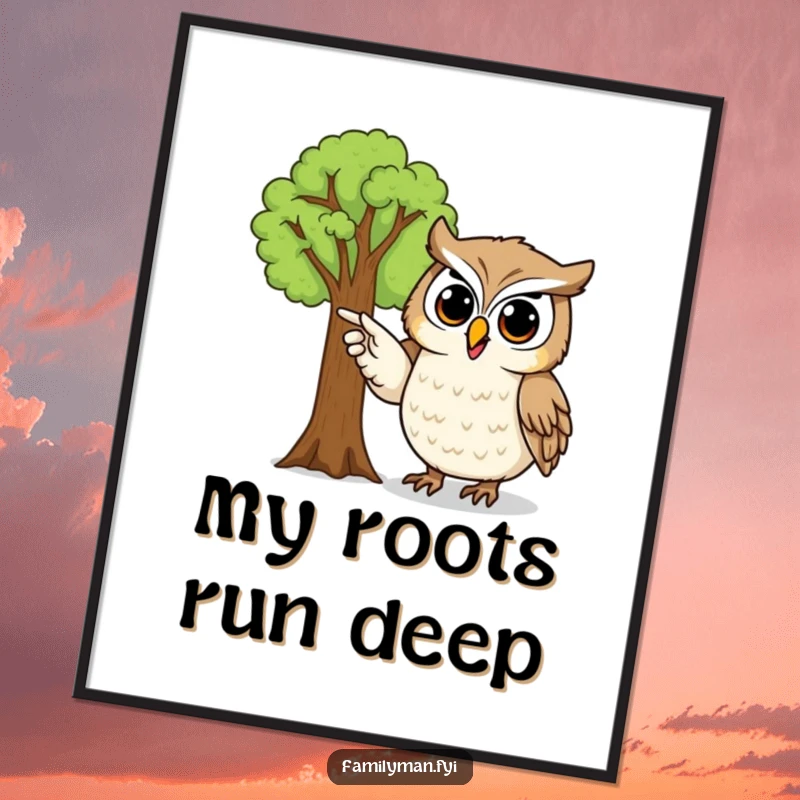 Funny owl digital art print of a proud owl character pointing to a detailed family tree, perfect for genealogy enthusiasts.