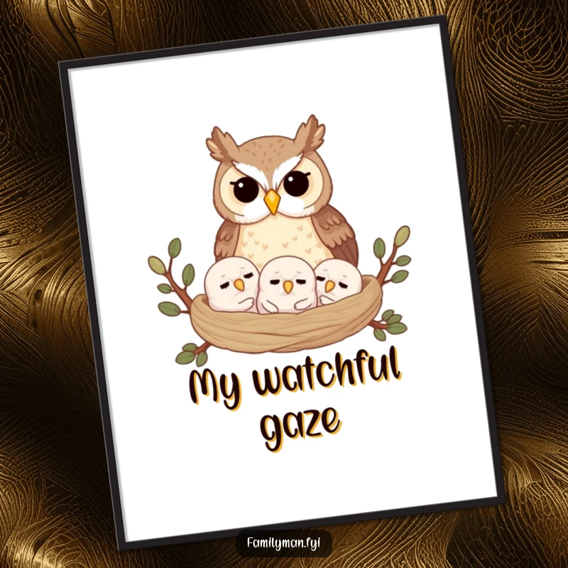 Funny digital art print of a proud owl parent guarding its sleeping owlets in a nest, offering instant decor and humor.