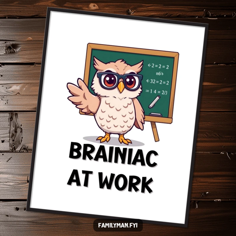 Funny Owl Professor Digital Art Print showing an owl with glasses lecturing equations, offering instant smart humor for walls.