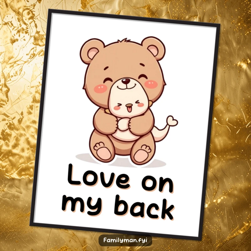 Funny digital art print of a happy bear cub carrying a baby animal piggyback, celebrating friendship and adorable moments.