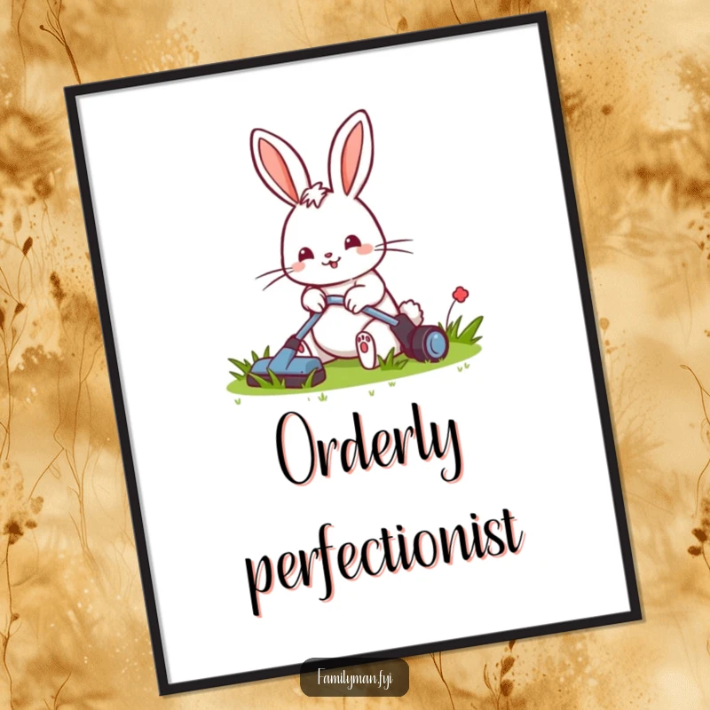Funny digital art print of a cheerful rabbit diligently mowing a small, tidy lawn, capturing garden perfection.