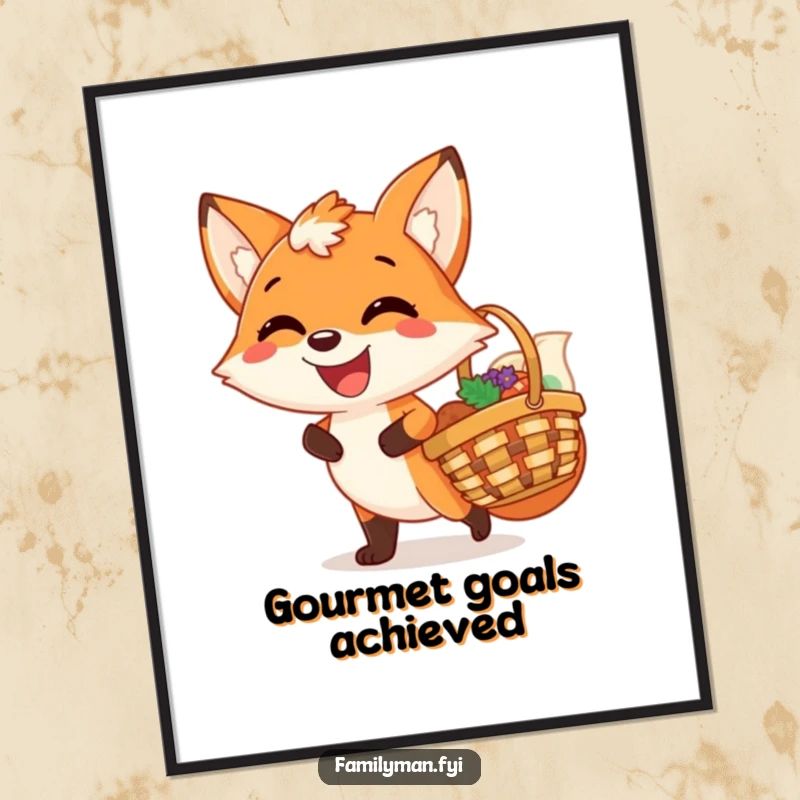 Funny digital art print of a joyful fox with a wide, satisfied grin, holding a picnic basket, ready for immediate display.