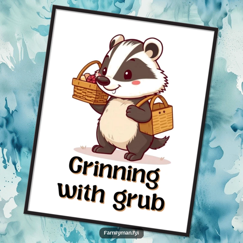 Funny determined dad badger carrying a picnic basket with a proud grin, a digital art print. Captures fatherly resolve and picnic joy with humorous flair.