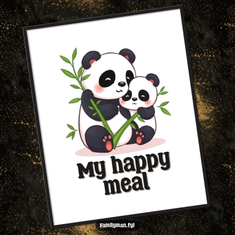 Funny digital art print of two pandas sharing bamboo, offering an instant download of serene humor for wall decoration.