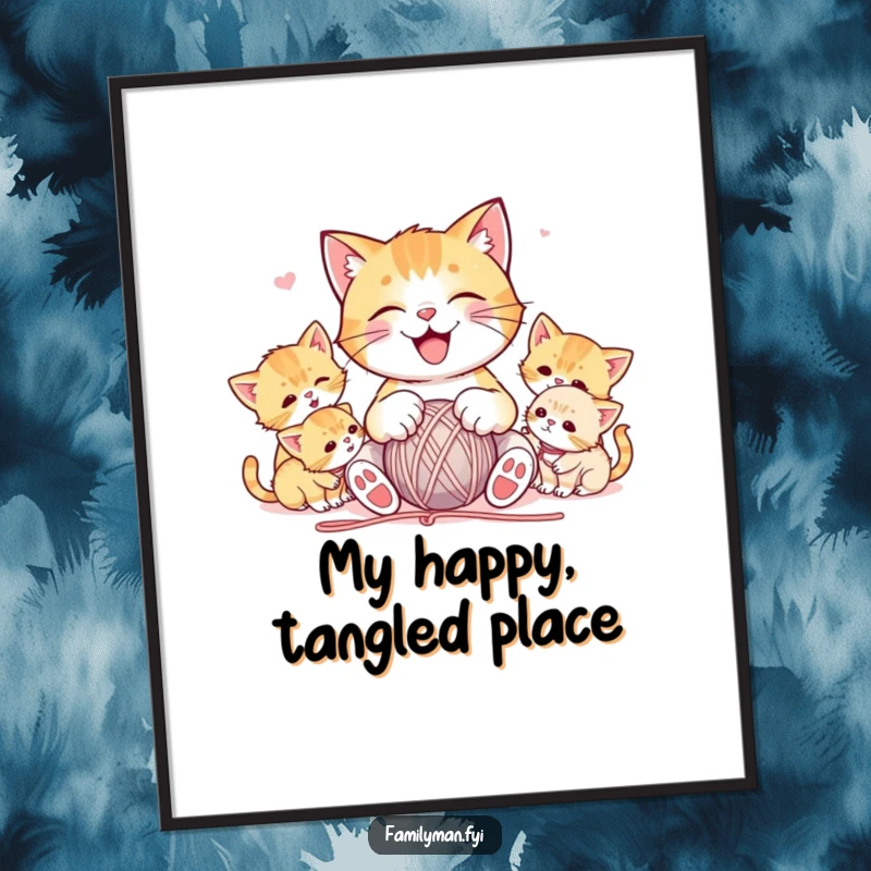 Funny digital art print of a joyful cat character playing with a ball of yarn, surrounded by cute, playful kittens, a heartwarming and humorous illustration.