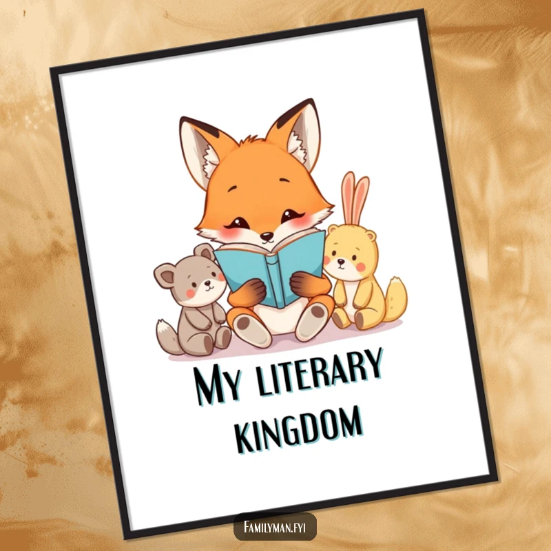 Funny digital art print of a curious fox character reading a book to a group of attentive stuffed animals, a heartwarming and humorous illustration.