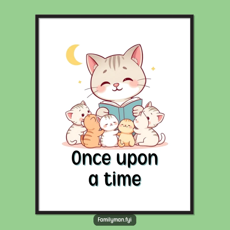 Funny Cat Digital Art: Bedtime Story Cat Reading to Kittens, Instant Download Gift