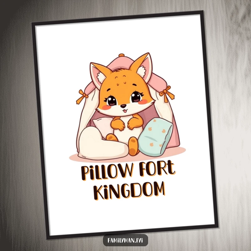 Funny fox cub digital art print, a cub constructing a pillow fort, ideal for printable, humorous wall art.