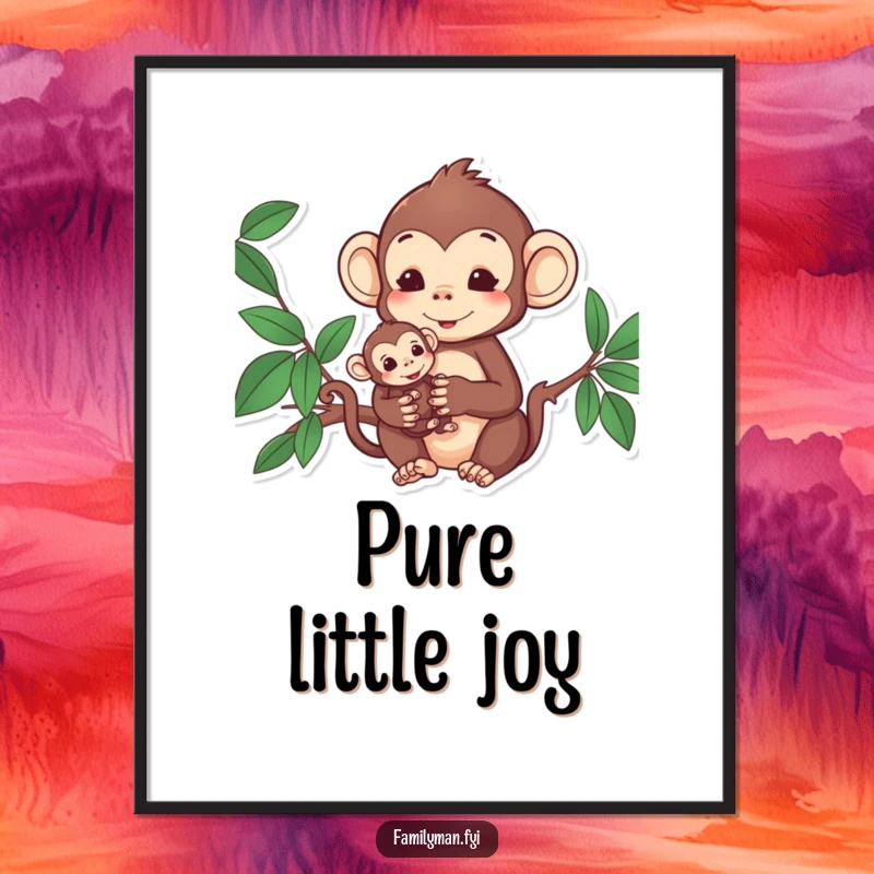 Funny Monkey Digital Art Print: Content monkey holding its baby, offering instant heartwarming decor.