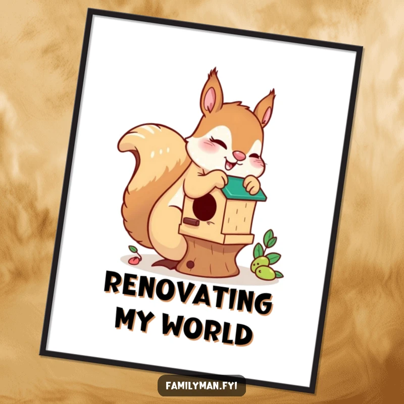 Funny playful squirrel digital art print, showing a squirrel busy building a birdhouse, perfect for instant download and display.