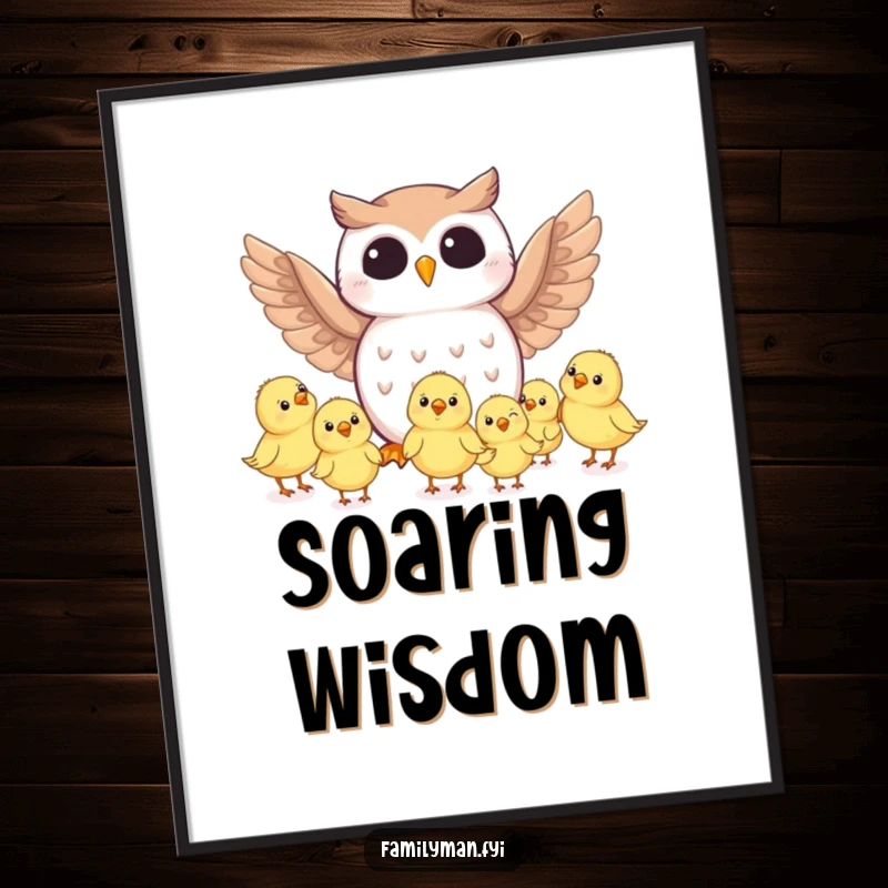 Funny owl character imparting flight wisdom to tiny chicks, presented as a vibrant digital art print for joyful decor.