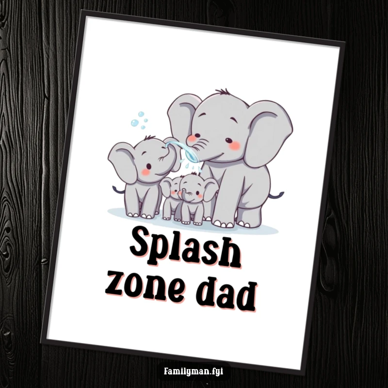 Funny dad elephant spraying water on his family, a digital art print showcasing joyful, playful fatherhood. Instant humorous wall decor for a happy home.