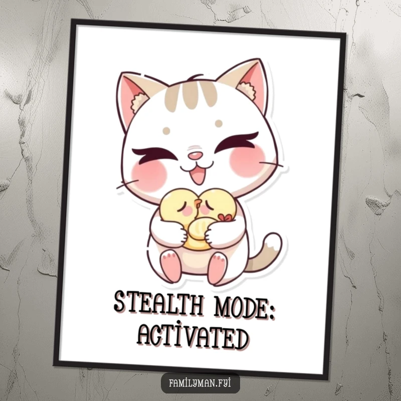 Funny cat digital art print of a mischievous cat with a grin gently carrying a sleeping baby bird, downloadable humor.