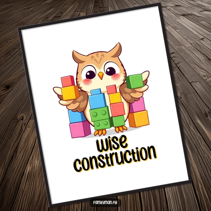 Funny Digital Art Print of a proud owl displaying a colorful stack of oversized building blocks, ideal for smart decor.