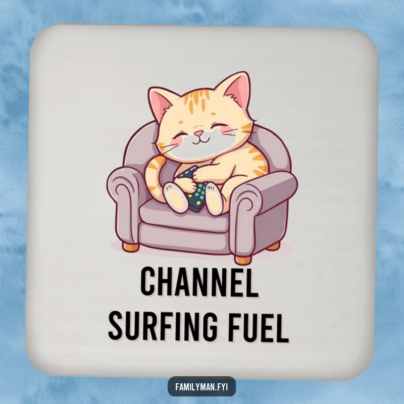 Funny drink coaster with a plump cat lounging on a miniature couch, holding a remote.