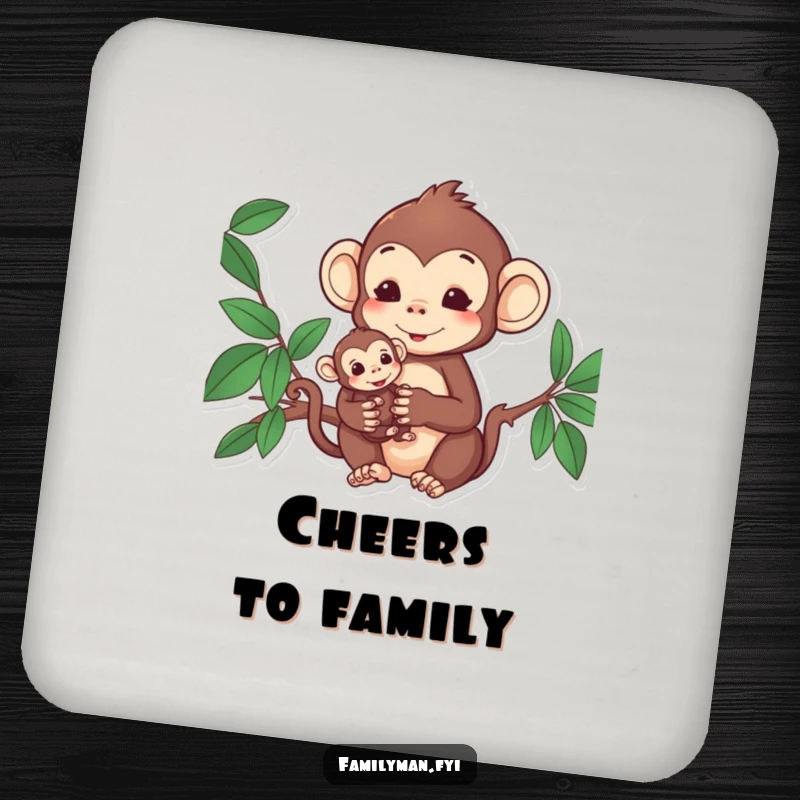 Funny Monkey Drink Coaster: Content monkey holding its baby, adding a symbol of love to tables.
