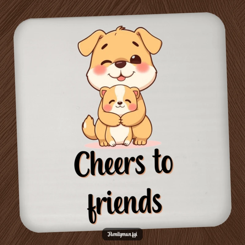 Funny drink coaster with a cheerful dog character giving a heartwarming hug to a smaller animal.